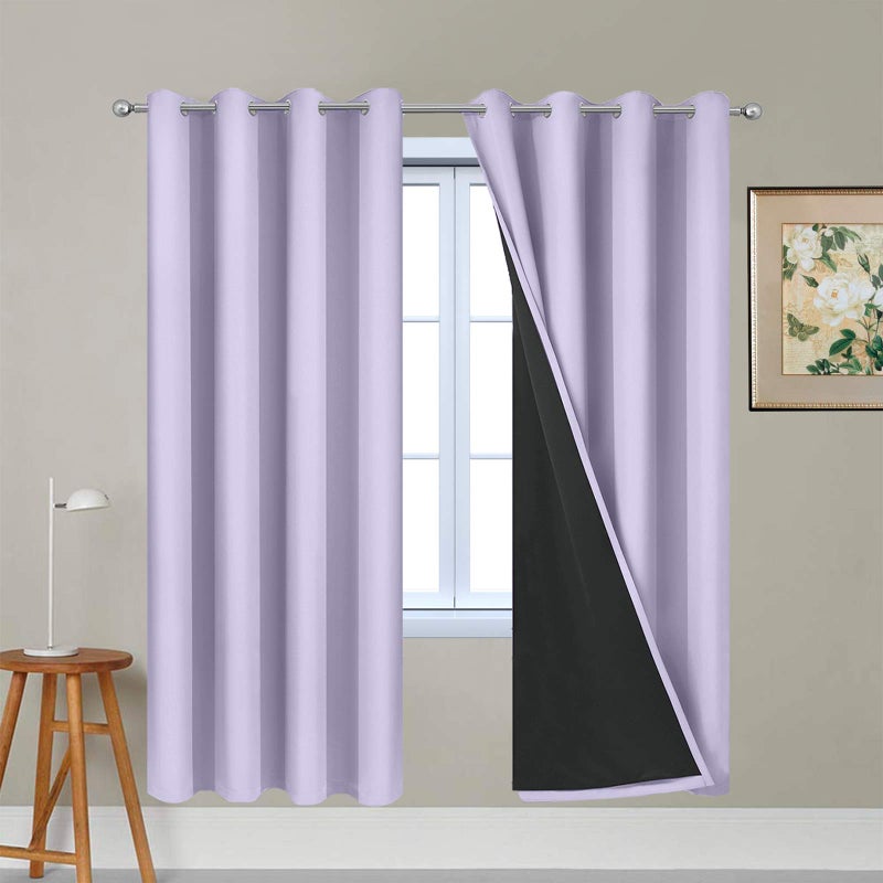 Yakamok Lilac 100% Blackout Lined Curtains, 2 Thick Layers Completely Blackout Window Treatment Thermal Insulated Drapes for Kitchen/Bedroom (1 Pair, 52W x 72L) - Image 1